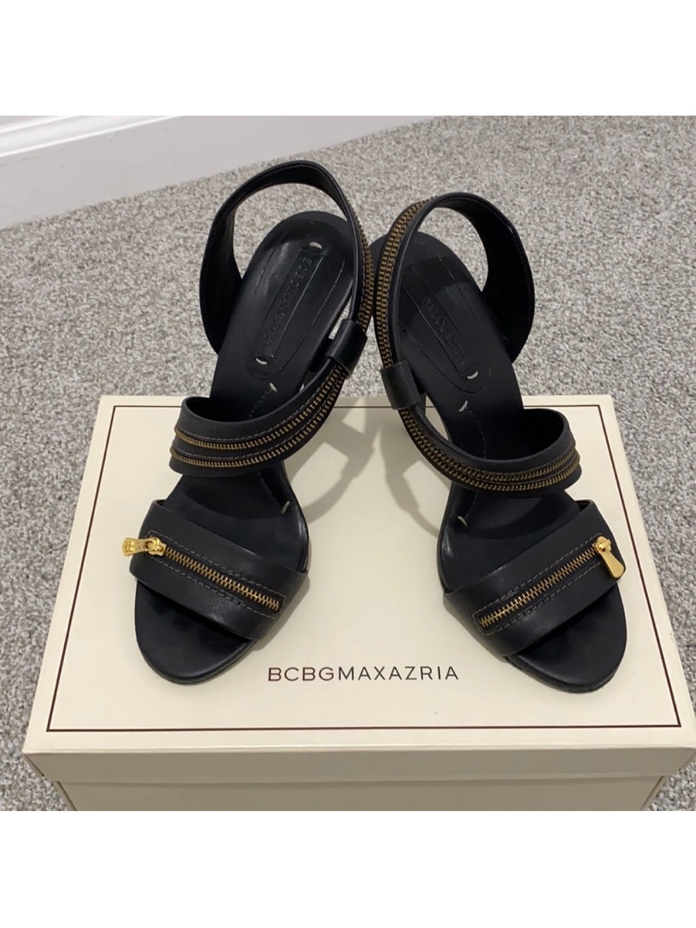 BCBGMaxAzria Black Leather Zip-Trim High Heel Sandals